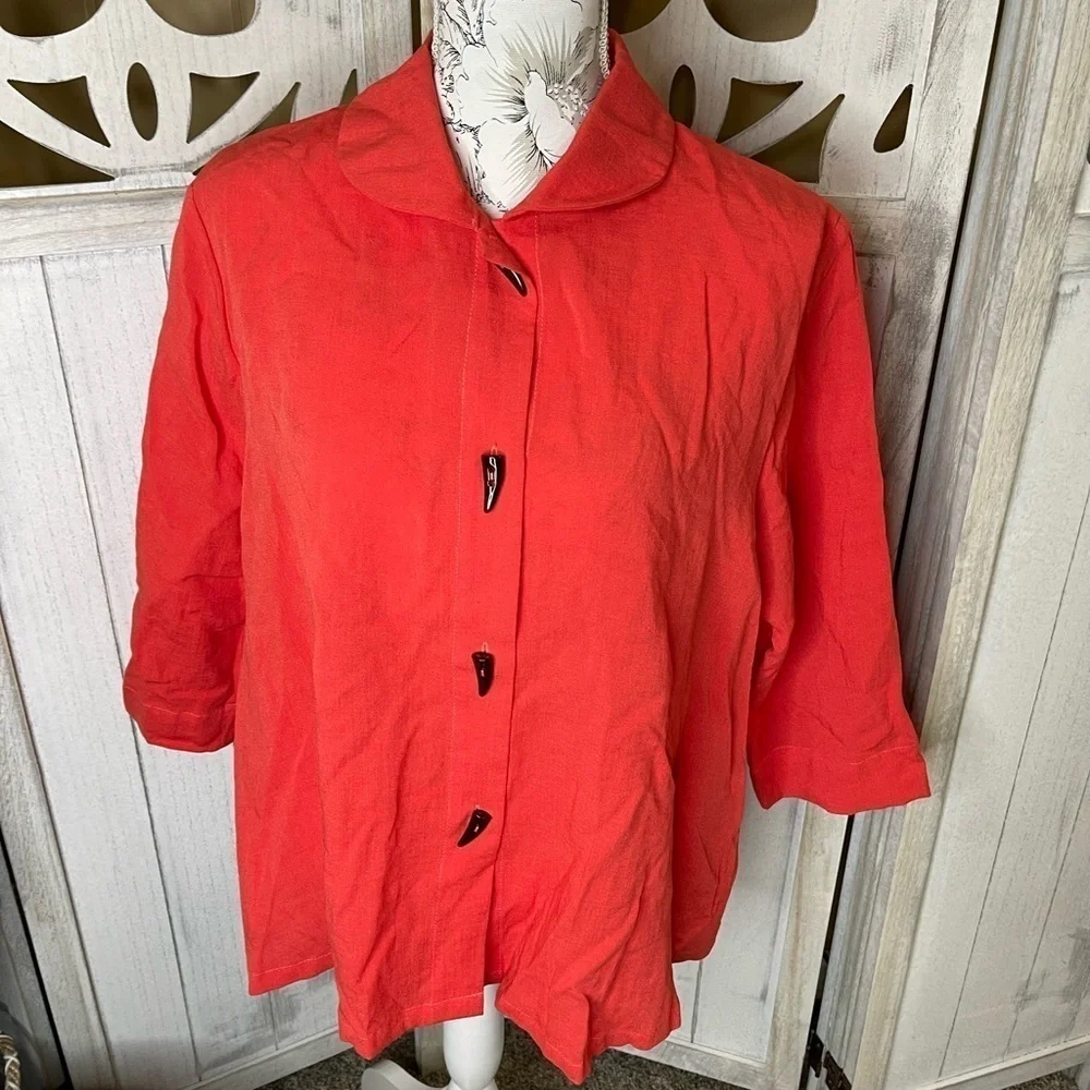 Fridaze Shirt 100% Linen Button Up Minimalist Lagenlook Size Large Orange Red